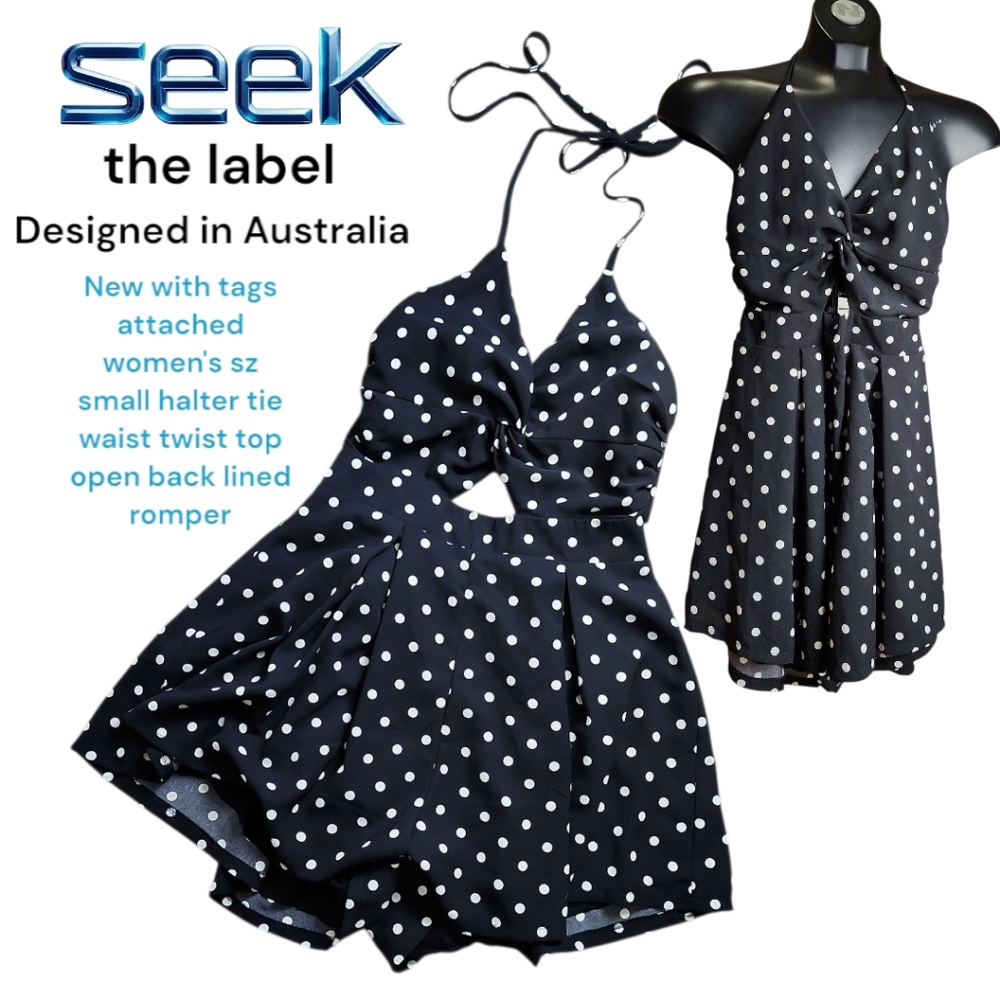 NWT Seek the Label Polka Dot Romper Halter Tie Open Back Key Hole Twist Women S
